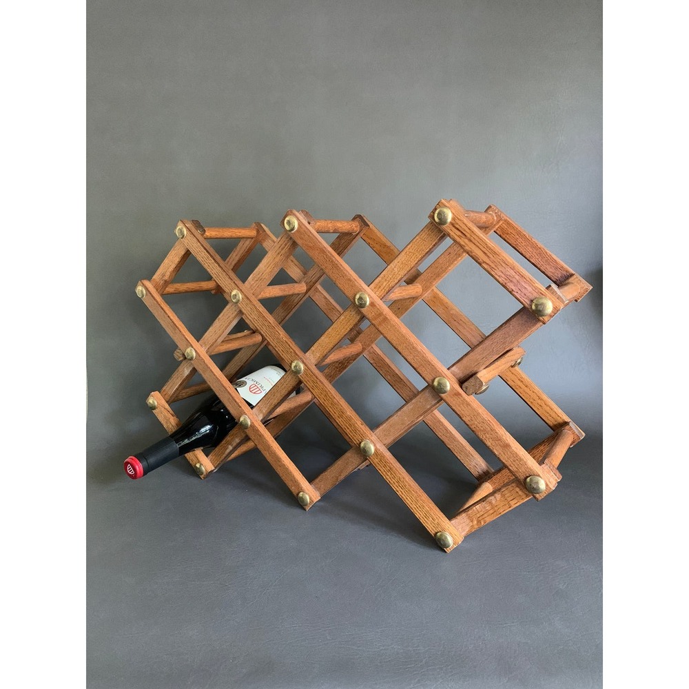 VTG solid oak foldable wine rack brass storage countertop portable bar decor